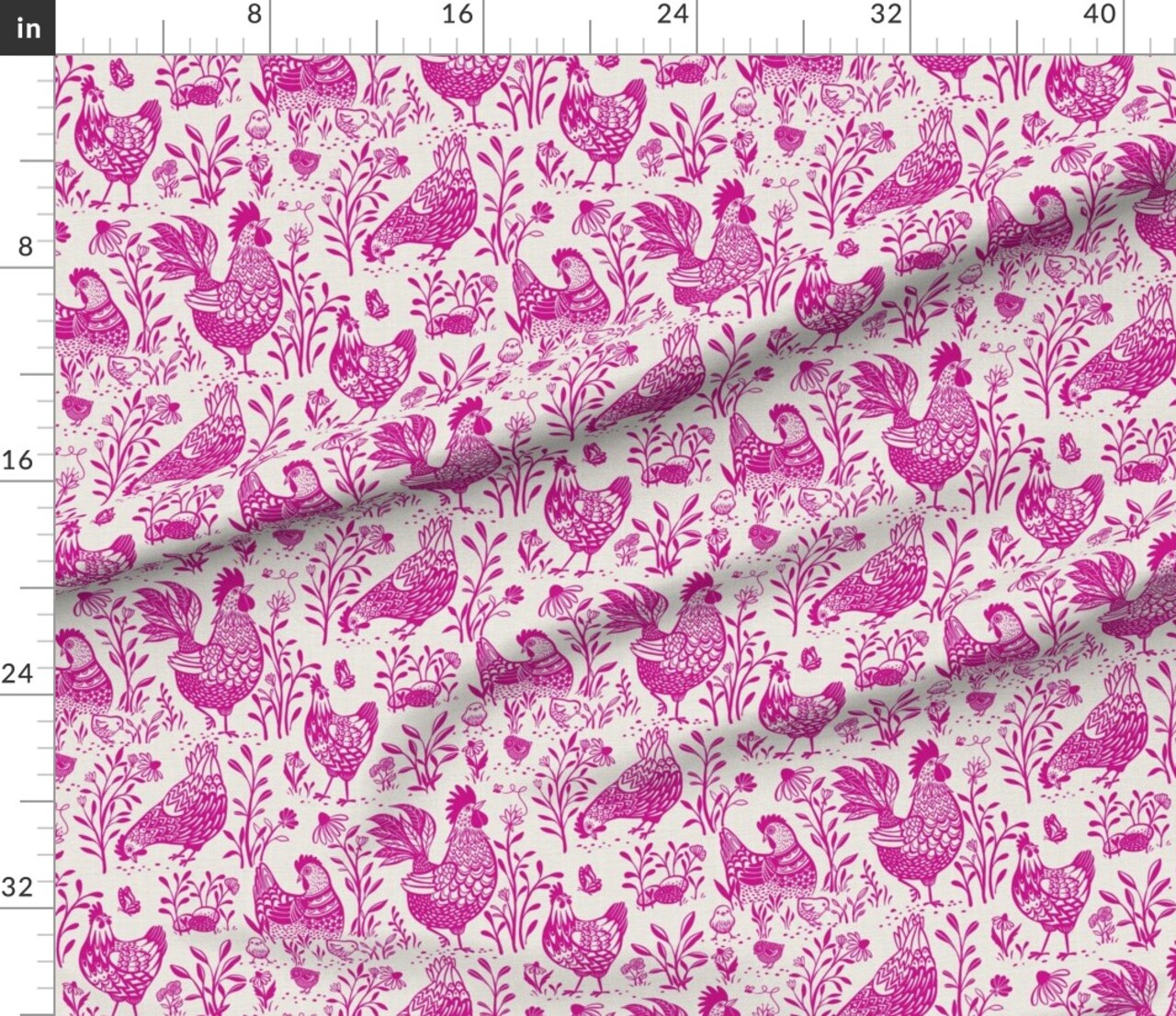 Fuschia Bright Rooster Chickens Toile De Jouy Farmhouse Cottage Chicks Scandinavian Custom Printed Fabric by Spoonflower Various Fabrics by the Yard or Fat Quarter